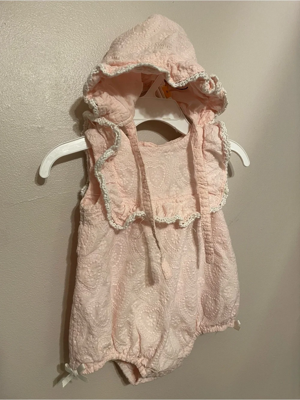 100% Cotton Pink Baby Romper with Ruffle Trim and matching bonnet
